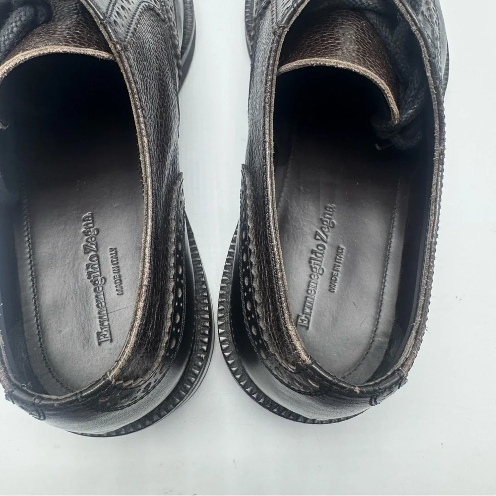 Ermenegildo Zegna Black Pebbled Leather Wingtip Derby Shoe US 9 EU 42 Dark Brown